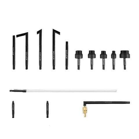 Top Tier SucceBuy 10L Transmission Fluid Pump For Quick ATF Drain And Fill With Two Way Control Pressure Gauge Plus Fourteen Adapters For Cars And Trucks showing various adapters in black.