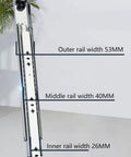Close-up of Top Tier Full Extension Three Section Ball Bearing Drawer Slides showing outer, middle, and inner rail widths.