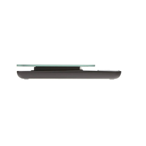 Side view of Glass Top Food Scale With Touch Controls 11 lb capacity, sleek black kitchen scale with glass surface