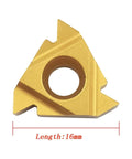 Gold triangular carbide turning insert with center hole, 16mm length (16ER/16IR AG60)