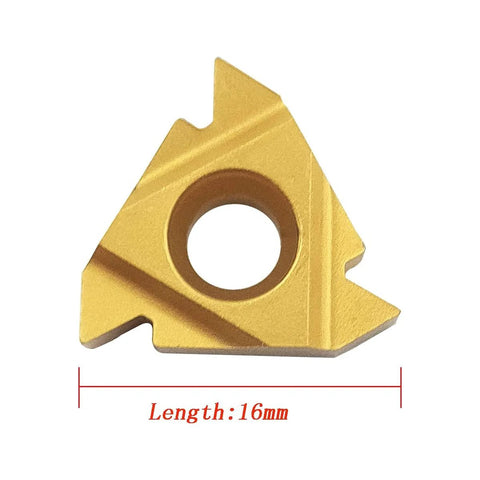 Gold triangular carbide turning insert with center hole, 16mm length (16ER/16IR AG60)