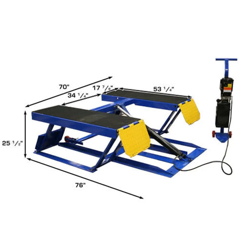 Badass Low Rise Scissors Vehicle Lift dimensions, portable shop jack with heavy duty steel frame, measures 70" x 76" x 25.5".
