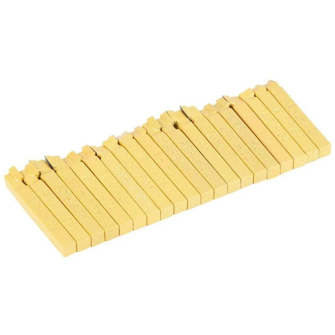 Twenty yellow carbide-tipped lathe cutter bits arranged in a row