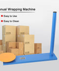 Heavy Duty Manual Stretch Film Dispenser Portable Wrap Tool For Quick Pallet Packaging And Warehouse Shipping Tasks You Can Knock Out In No Time Flat Today with blue base and orange circular wrapping plate.