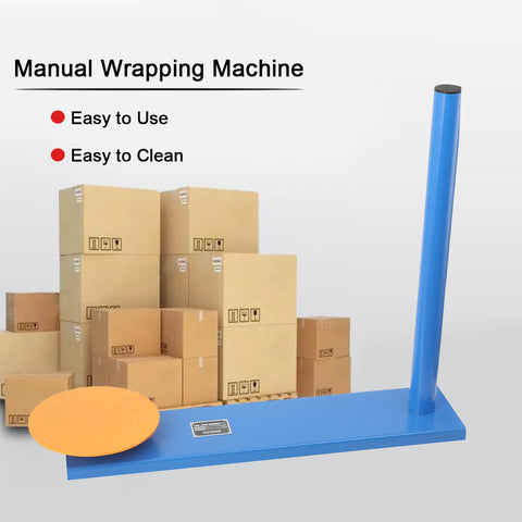 Heavy Duty Manual Stretch Film Dispenser Portable Wrap Tool For Quick Pallet Packaging And Warehouse Shipping Tasks You Can Knock Out In No Time Flat Today with blue base and orange circular wrapping plate.