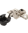 Side view of concealed hydraulic glass hinge set for cabinets with soft close, cold rolled steel and brushed finish, 2 pack mini hinge