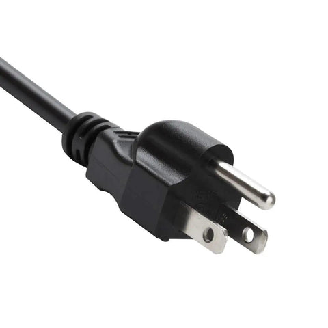 Close-up of NEMA 5-15P plug end of Beefy 6 Foot 18 AWG 3 Prong Power Cord For Appliances Open End SJT Cable, black