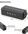 XLR Passive Isolation Transformer For Studio Home And Stage Use Eliminates Ground Loop Hum And Noise With Balanced And Unbalanced Input Output Gold Plated Connectors Pro Grade Gear For Clean Signal On Any Rig showing connectors and dimensions