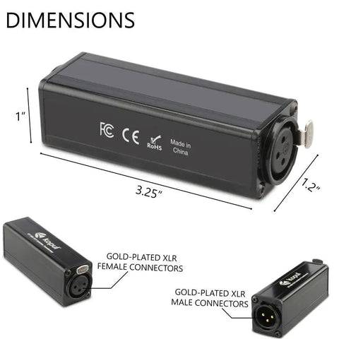 XLR Passive Isolation Transformer For Studio Home And Stage Use Eliminates Ground Loop Hum And Noise With Balanced And Unbalanced Input Output Gold Plated Connectors Pro Grade Gear For Clean Signal On Any Rig showing connectors and dimensions