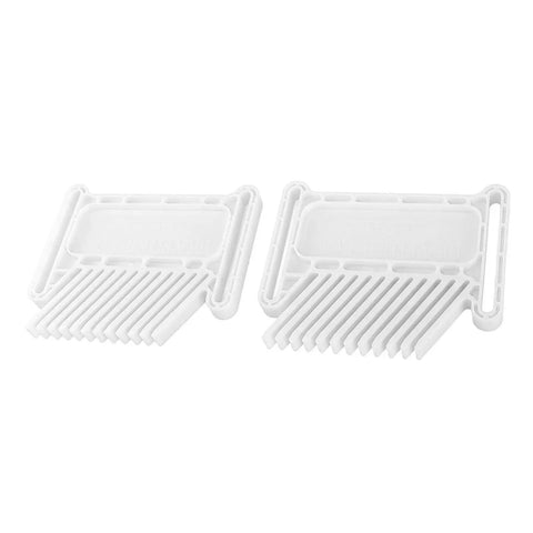 Adjustable Featherboard For Woodworking Shops Straight Up Safety Tool Smooth Operator Solid Choice For Router Table And Table Saw Plus Band Saw Quick Setup No Sweat Shop Essential White Finish set of two white plastic featherboards standing side by side.