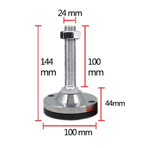Top Shelf Heavy Duty Adjustable Leveling Feet For Cabinets And Workbenches, Solid 4 Pack Black Carbon Steel Legs With Smooth PvC Foot Pads, Dial In The Precise Height For A Tight Fit - detailed image with dimensions of 100mm round base and 144mm threaded height.