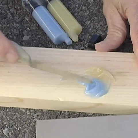 Applying Two Part Epoxy Adhesive Paste in 1 Oz Double Syringe on wood, translucent paste for bonding, cures clear, DIY friendly