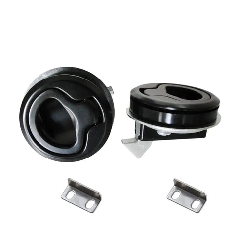 Rock Solid Heavy Duty 2 Piece Flush Pull Slam Latch Kit With Slick Black Steel Build, includes latches and metal plates for installation.