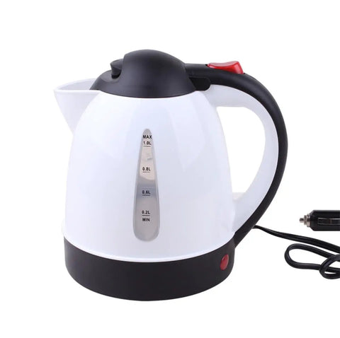 Game Changer Dual Voltage Car Kettle Works With 12V And 24V Systems Portable Water Heater 1 Liter Size with black and white design.