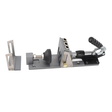 Top Tier Aluminum Alloy Pocket Hole Jig Kit With Precision Step Drill And Adjustable Depth Stop For Flawless Wood Joinery and No Fuss Weekend DIY Craftsman Work. Side view of assembly with adjustable clamps.
