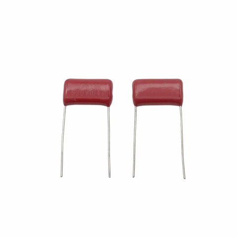 Metallized Polypropylene Film Capacitors Kit, 20 Pieces, CBB22 Style, 630V, 0.1uF 104J, shown in red housing with leads.