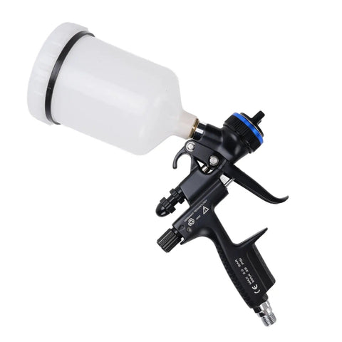 Pro Grade HVLP Paint Sprayer Gun With 600 ml Cup and 1.3 mm Nozzle, close-up of sprayer with white cup.