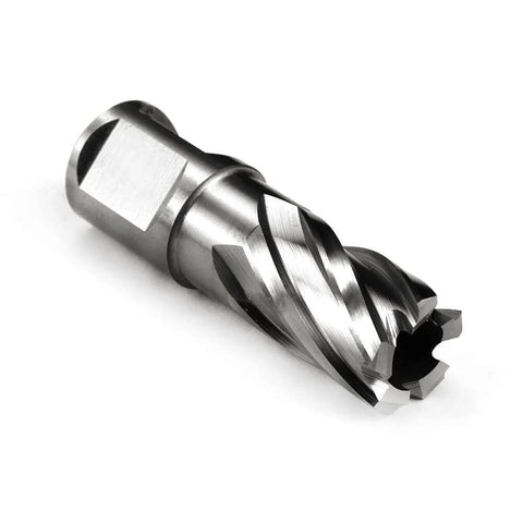 Oscarbide 11/16 in annular cutter with 3/4 in Weldon shank; polished steel bit with spiral flutes for drill press