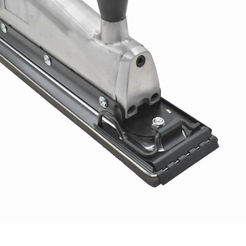 Close-up of Inline And Straight Line Air Sander With Dual Piston Power, Two-Handle Vibration Control showing quick change clamps.