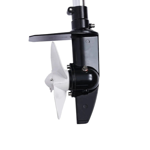 Side view of the Powerful 4HP 53.2cc 4-Stroke Outboard With Air Cooling, showcasing 22-Inch Drive Shaft and propeller.