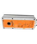Heavy-Duty Bf24-Tn Damper Actuator With Beefy 18Nm And 12Nm Torque For Rock Solid Fire Dampers showing front view with orange label and connectors.