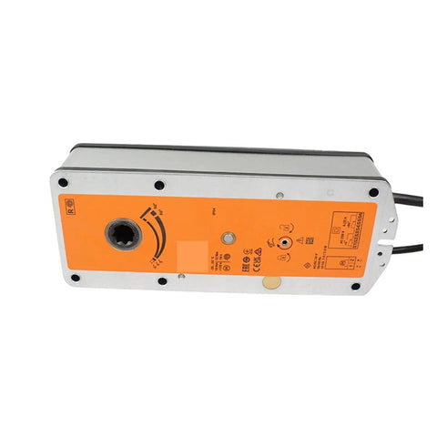Heavy-Duty Bf24-Tn Damper Actuator With Beefy 18Nm And 12Nm Torque For Rock Solid Fire Dampers showing front view with orange label and connectors.