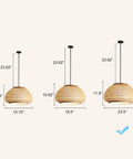 Three sizes of Retro Bamboo Dome Flush Mount Ceiling Light with adjustable cord up to 23.62 inches shown in diagram