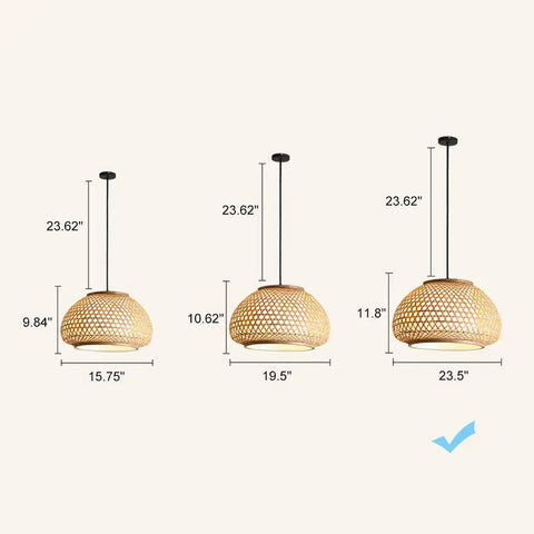 Three sizes of Retro Bamboo Dome Flush Mount Ceiling Light with adjustable cord up to 23.62 inches shown in diagram