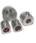 Professional Belt Grinder Wheel Set featuring a 4 inch drive wheel and two 2 inch idlers for knife making and sharpening.