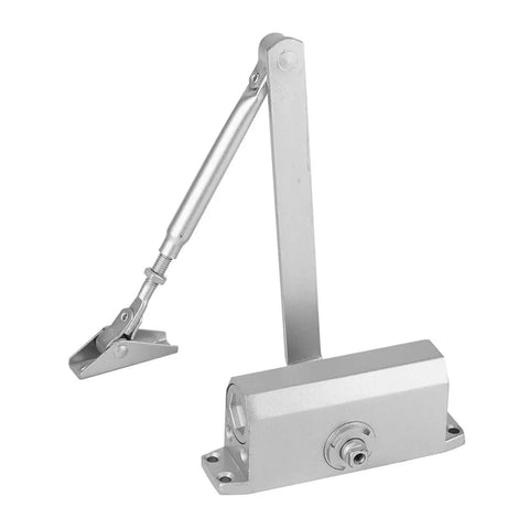 Overhead Door Closer With Hold Open Feature Adjustable 25 To 35 Kg Capacity Heavy Duty Aluminum Mount in silver finish