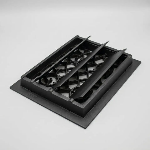 Ornate Victorian Floor Register 10 By 12 Opening Heavy Duty Cast Aluminum Walkable Vent With Adjustable Louver Damper For Airflow Control Black Finish, angled view