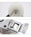 Slick White PA Nylon Swivel Caster Wheels With Built Tough Stainless Steel Brackets, close-up of wheel and brake detail.