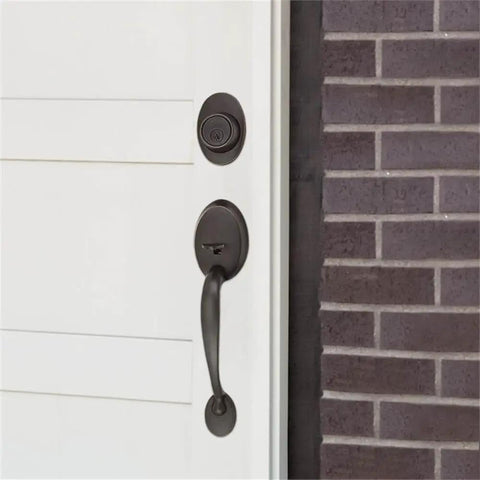 Oil Rubbed Bronze Entry Door Handleset With 12 Inch Exterior Vertical Handle And Single Cylinder Deadbolt ANSI Grade 3 Front Or Back Door Hardware