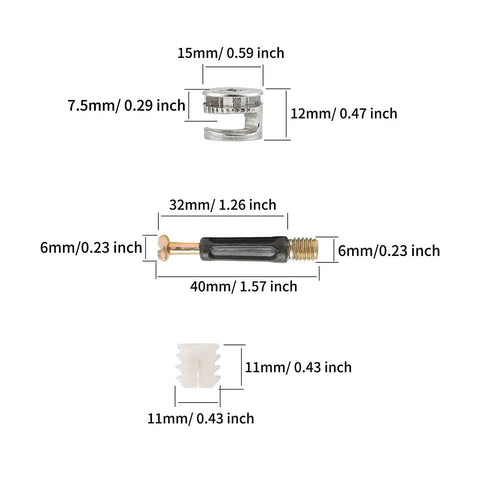 Built Tough 50 Pack Furniture Connector Kit With Cam Lock Fittings And Preinstalled Dowel Screws dimensions of parts showing size details.