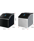 Quick Chill Countertop Nugget Ice Maker Portable Machine with black and silver models side by side, showcasing dimensions.