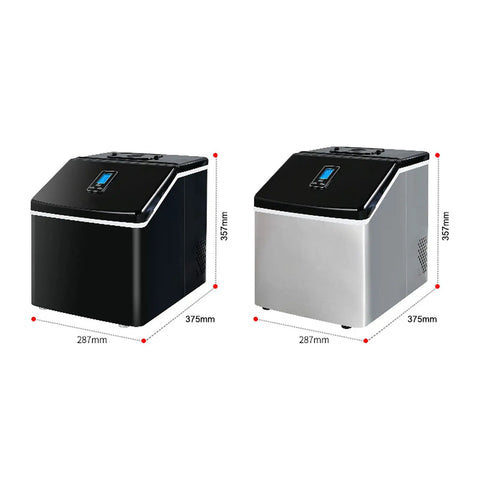 No Sweat Compact Countertop Ice Maker, Ultra Quiet Portable Ice Cube Machine, black and silver models side by side.