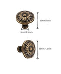 Antique Bronze Flower Knob Set For Cabinets And Drawers shown with dimensions, vintage style door knob handles for dressers and kitchens.