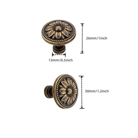 Antique Bronze Flower Knob Set For Cabinets And Drawers shown with dimensions, vintage style door knob handles for dressers and kitchens.