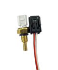 Coolant temperature sensor with brass threaded probe and white and black connector housings, red and white wires