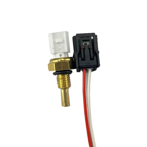 Coolant temperature sensor with brass threaded probe and white and black connector housings, red and white wires