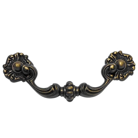 4 Pack 4.5 Inch C C Bail Drawer Pulls Antique Brass Swing Dresser Handles Vintage Style With Four And One Half Inch Centers 115 mm Zinc Alloy Cabinet Pulls For Shaker Rustic Or Modern Dressers showing ornate handle design in antique brass.