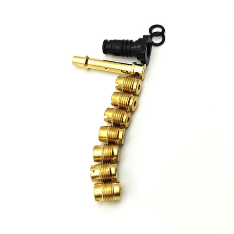 Main Jets Kit For Go Karts And Mini Bikes With.032-.038 Main Jets And 140 E Tube, brass jets and gaskets visible on white background