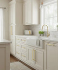 15 Pack Brushed Brass Cabinet Pulls 5 Inch Hole Center 128mm Kitchen Cabinet Handles for Cabinets and Drawers in a modern kitchen