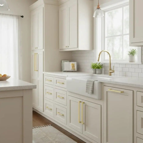 15 Pack Brushed Brass Cabinet Pulls 5 Inch Hole Center 128mm Kitchen Cabinet Handles for Cabinets and Drawers in a modern kitchen