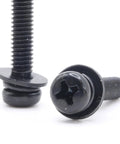 Replacement Tv Stand Screws Kit Features Four Premium Metric Black Machine Screws close-up showcasing sturdy black metal fasteners.