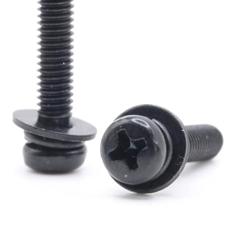 Replacement Tv Stand Screws Kit Features Four Premium Metric Black Machine Screws close-up showcasing sturdy black metal fasteners.