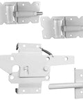 Top Shelf Self Closing Vinyl Fence Gate Hardware Kit Box Of Six With Rock Solid Hinges And No Sweat Auto Latch, detailed view of hinges and latch.