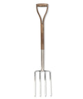 Beefy Stainless Steel Digging Fork For Heavy Duty Garden Work, Durable Garden Tool with hardwood handle and four metal prongs.
