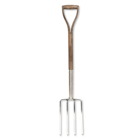 Beefy Stainless Steel Digging Fork For Heavy Duty Garden Work, Durable Garden Tool with hardwood handle and four metal prongs.