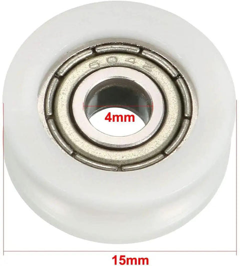 Ready To Roll V Groove Bearing Pulley Wheels For Linear Guide Rails Smooth Slide Track Rollers Heavy Duty Precision Engineered Build Quiet Operation Pack Of Four White showing 4mm inner diameter and 15mm outer diameter.
